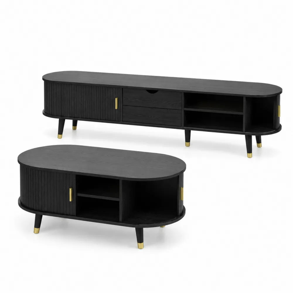 TV-M?bel und Couchtisch Set oval schwarz MDF-Holz