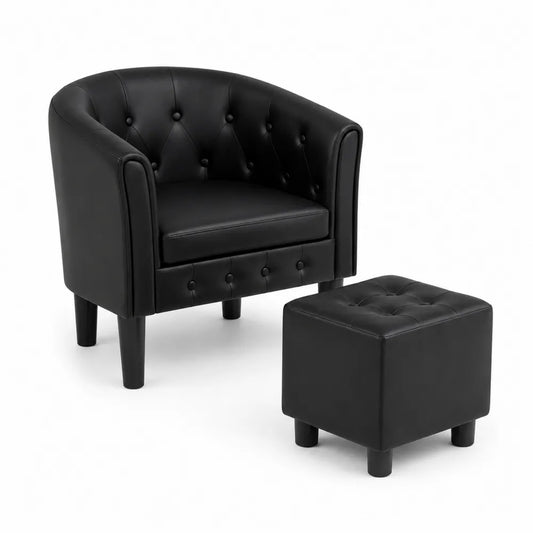 Schwarzes Sessel- und Hocker-Set aus Kunstleder