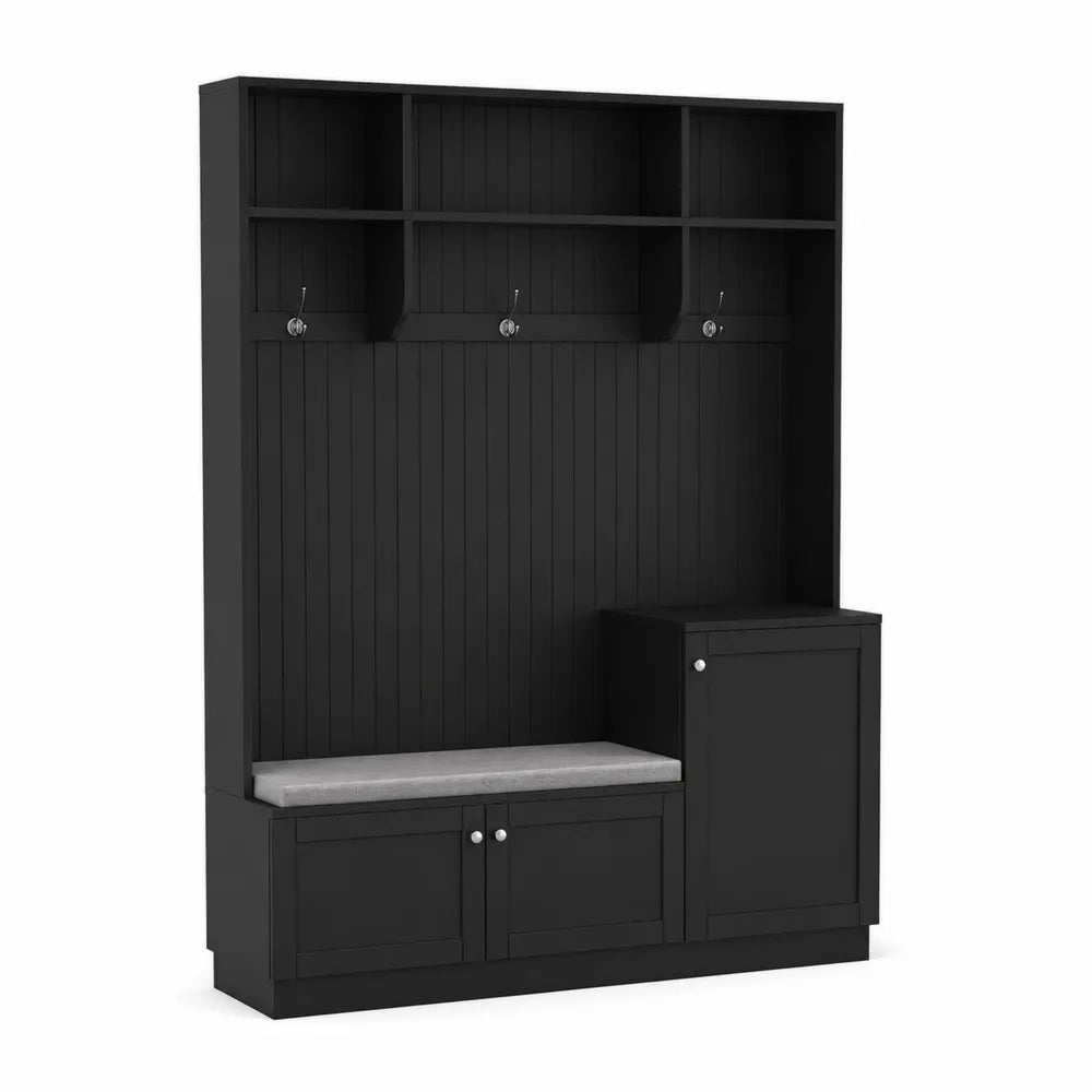 Schwarze Garderobe aus Holz mit Sitzbank und Haken